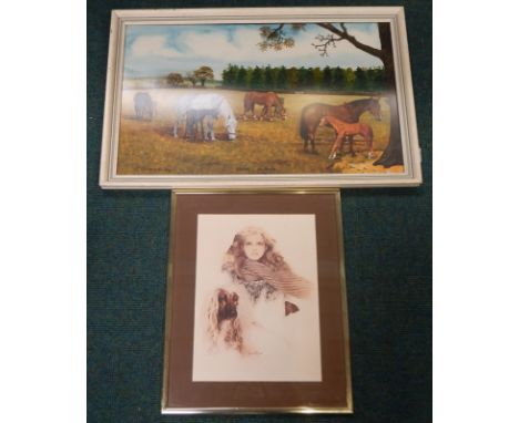G Shersmith.  Spring Sunshine, watercolour, signed and dated 1970, depicting horses, 44cm x75cm, and a print after Sara Moon.