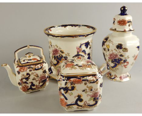 Three items of Mason's Blue Mandalay, to include a jardiniere, covered vase, teapot, etc.