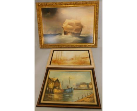 A canvas mounted print, depicting a British Man of War with three masks, in gilt frame, image size 83cm x 121cm, a print afte