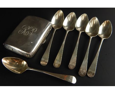 A collection of silver, to include cigarette case engraved R.P., and various teaspoons, 4ozs