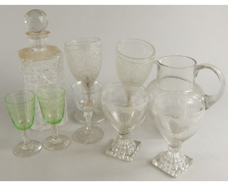 A collection of glass, to include Victorian crackle glasses, water jug, a pair of early 19thC rummers with lemon squeezer bas