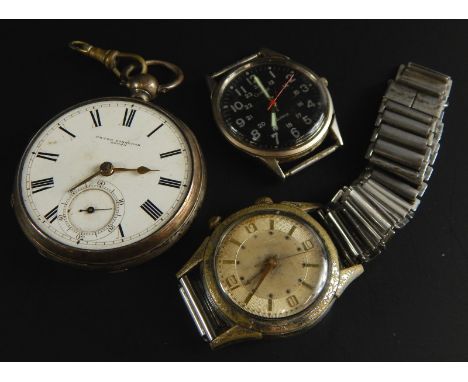 Three watches, to include a silver Peter Parquhar pocket watch, with white enamel dial, key wind, lacking glass, a gents wris