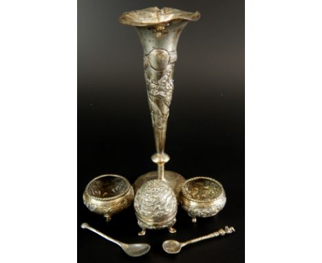 A collection of silver and white metal, to include a tapering vase decorated with dragon