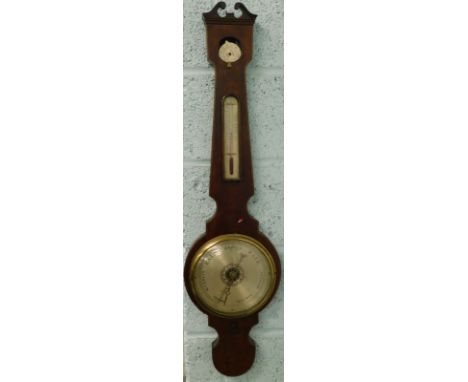 A mid 19thC mahogany and boxwood strung wheel barometer, with silvered dial, etc., 96cm. (AF)