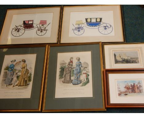 A pair of French coloured fashion prints, a pair of prints depicting carriages, an Arthur Watson print of Tattershall Castle 
