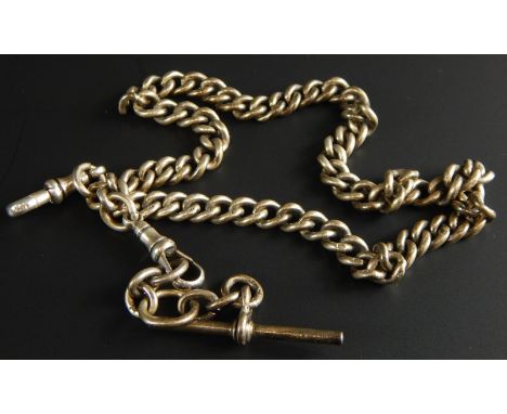 A silver watch chain, with T-bar and clip, 53g. 