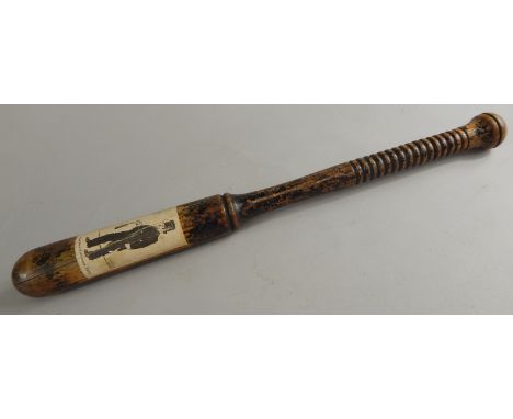 A 19thC turned and ebonised policeman's truncheon, applied with a print depicting the first policeman from 1829, 45cm long.