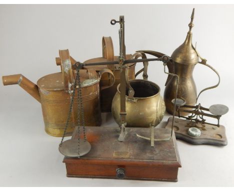 Miscellaneous metalware, etc., to include two hot water carriers, scales, etc.