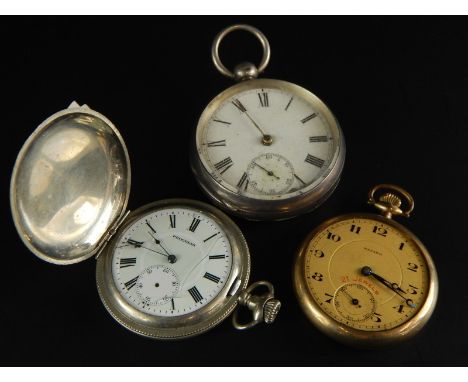 A late 19th/early 20thC silver pocket watch, with white enamel dial, a Napier gold plated watch and a Progress hunter pocket 
