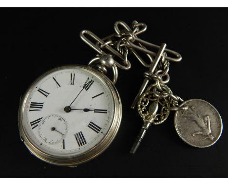 A Continental white metal pocket watch, with engine turned type decoration, stamped 800, a silver watch chain and a French fo