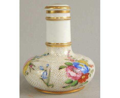 A mid 19thC Spode porcelain scent bottle and cover, painted with flowers on mottled gilt ground, pattern no. 2610, 6.5cm high