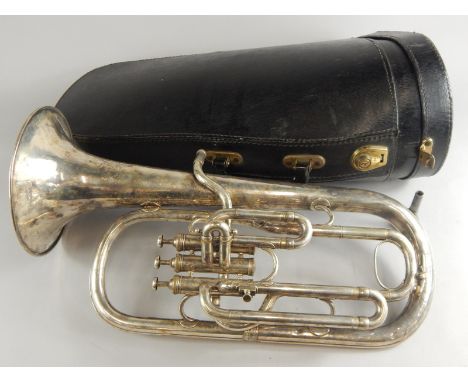 A silver plated tenor horn, stamped Excelliser Sonrcus, class A, Hawkes & Son, London 47569, in leather style carrying case.