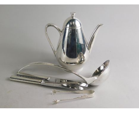 A coffee pot, of graduated outline, 21cm high, knives, ladle etc. (a quantity)