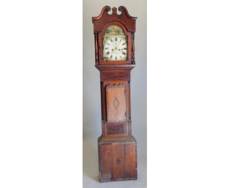 Gadsby.  Lincoln, a mid 19thC longcase clock, the arched dial painted with a bridge, rural scenes, etc., with an eight day fo