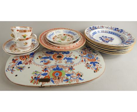 A collection of 19thC ceramics, to include an Ironstone drainer decorated with Oriental flowers, Spode teaware, a Minton soup