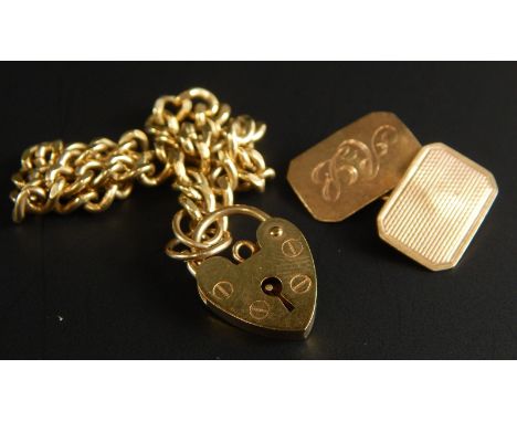 A 9ct gold gate bracelet, and padlock and a cufflink, 11.6g all in. 