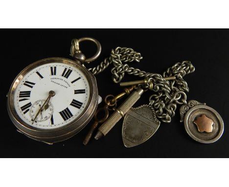 A silver pocket watch, the enamel dial stamped Improved Patent English Lever, a plated watch chain with silver fob, etc.