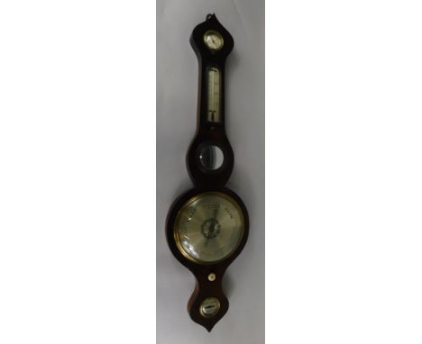 A mid 19thC banjo barometer in a rosewood case, with dry damp gauge, silvered thermometer, concave mirror, central dial above