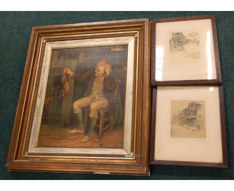 A 19thC chromolithograph print, depicting a gentleman with a violin, and a pair of Cecil Holden prints of coaching inns.