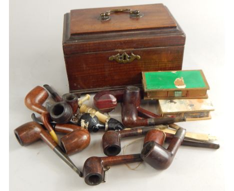 A 19thC mahogany tea caddy, and various pipes, etc.