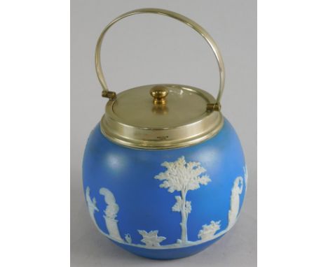 A Dudson Brothers Jasperware biscuit barrel, with silver plated mount, 22cm high. 