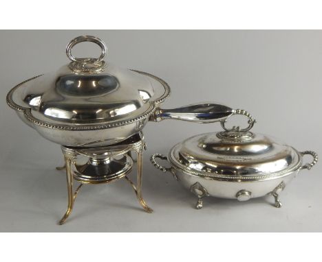 Two silver plated tureens, to include a lobed example with handle and warming base.