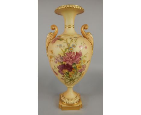 A Royal Worcester blush ivory ovoid two handled vase, painted with floral sprays, Rd No 308314, shape number 1969, date code 