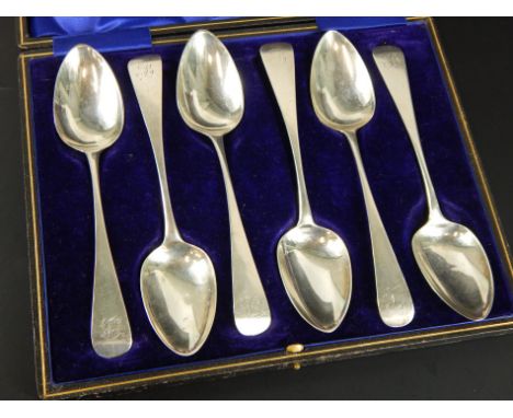 A matched set of six silver Old English pattern dessert spoons, each engraved with the initial B, various dates from the 19th