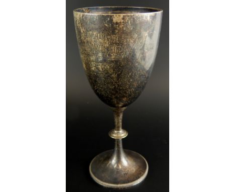 A Victorian silver cup, of plain form, on a tapering base with a beaded border, London 1894, engraved 'Company Collingham 4th