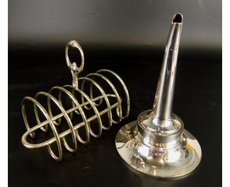 A silver plated wine funnel, in George III style, and a Victorian six division silver plated toast rack (2)