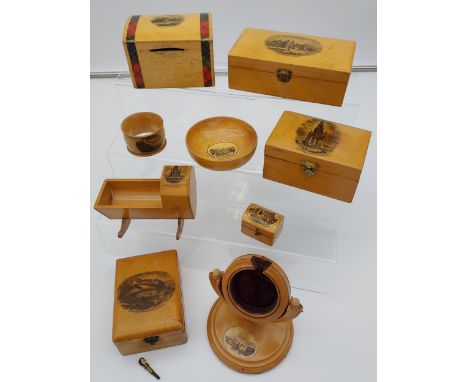 A Collection of 9 various Mauchline ware items to include cradle, tartan bank box, pocket watch holder and various trinket bo