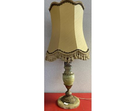 A Vintage antique style gilt metal and onyx table lamp. In a working condition. [91cm including shade] 