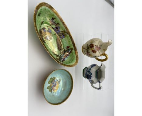 Maling crane design bowl, Wedgwood lustre fruit pattern bowl, Royal Worcester water jug [as found] &amp; Canton Woods ware ju