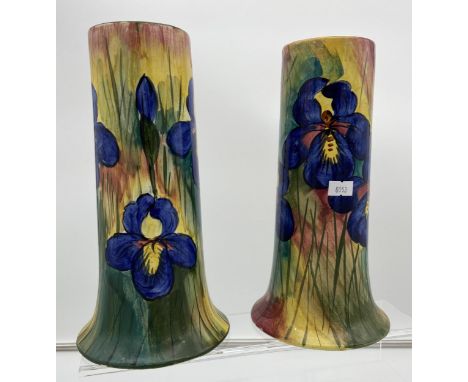 A Rare pair of Wemyss ware Jazzy Iris pattern vases. Impress to base 'Leven Vase RH&amp;S' Signed Wemyss 221. [one as found a