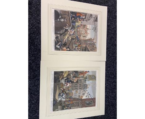 Two 18th century coloured engravings titled 'Beer Street &amp; Gin Street' Painted, engraved and published by William Hogarth