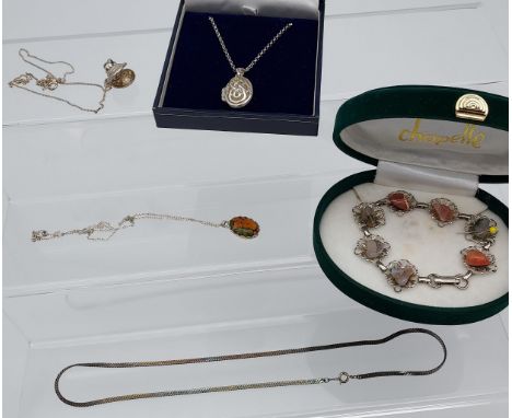 Silver Celtic design locket, silver chain &amp; pendant, silver clam shell with pearl pendant, agate and plated bracelet and 