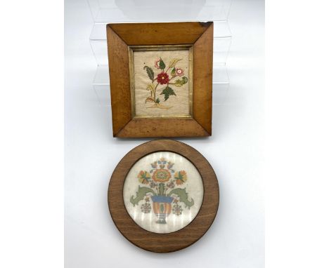 Two vintage framed tapestry with wooden frames. Includes bird eye maple frame- 23x21cm] 