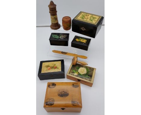 A Collection of various Mauchline ware items to include lighthouse bank, various trinket boxes, page turner and blotter 