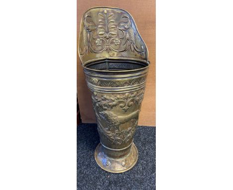 A Late 19th century Arts and crafts brass worked coal scuttle/ stick stand. [82cm in height] 