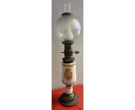 An Antique porcelain, metal and glass shade paraffin lamp converted to electric. [72cm in height] 