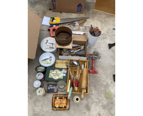 AN ASSORTMENT OF ITEMS TO INCLUDE VINTAGE TINS, UTENSILS AND A MINCER ETC