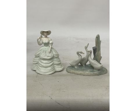 A SMALL COALPORT FIGURE "CARLA" TOGETHER WITH A NAO FIGURE OF THREE DUCKS