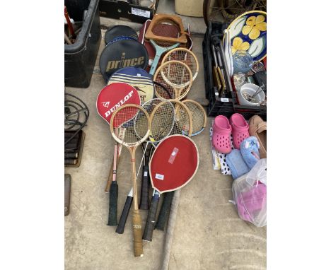 A LARGE ASSORTMENT OF VINTAGE TENNIS AND BADMINTON RACKETS