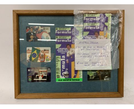 A FRAMED AYRTON SENNA COLLAGE FROM HIS LAST RACE IN ENGLAND AT DONNINGTON IN 1993, PLUS A £120 UNUSED RACE DAY TICKET