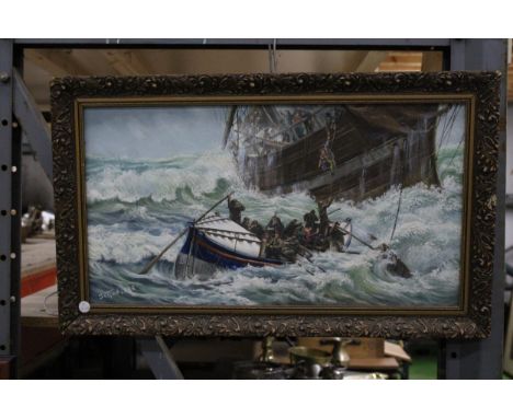 A SIGNED SUTTON, 1983 OIL ON CANVAS OF A VINTAGE LIFE BOAT ON A STORMY SEA RESCUING PASSENGERS FROM A BOAT, 69CM X 41CM