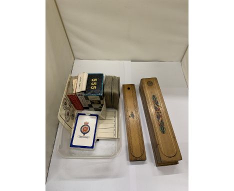 TWO VINTAGE PENCIL BOXES PLUS A QUANTITY OF PLAYING CARDS