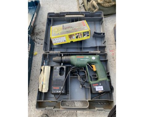 A BOSCH BATTERY DRILL WITH BATTERY AND CHARGER IN CARRY CASE