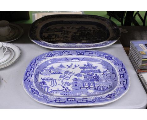TWO LARGE VINTAGE BLUE AND WHITE 'WILLOW PATTERN' PLATTERS