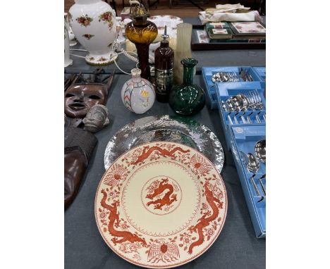 A VINTAGE AMBER GLASS OIL LAMP WITH SHADE, RIGAS BALSAM BOTTLE WITH ORIGINAL CORK, SILVERPLATE HAMMERED TRAY, ETC.,