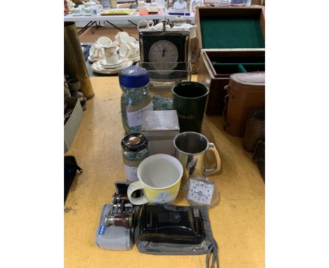 A MIXED LOT TO INCLUDE JARS OF GLASS BEADS, MANTLE CLOCK, CAMERA, BINOCULARS, ETC